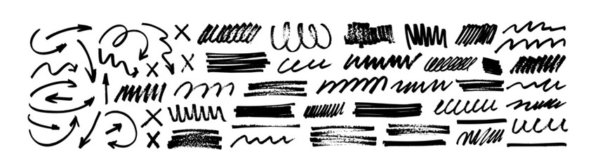 marker drawn arrows, swirls and scribbled shapes. hand drawn doodle dividers, rectangle brush stroke