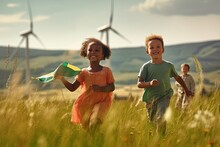 Happy Mixed Race Children With Kites Running On Green Grass With Forest, Wind Turbines And And Mountains In The Background, It Should Visualise The Concept Of Renewable Energy. 