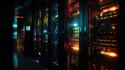 Data Center Server Hardware Equipment, Cloud computing data storage rack with flickering light indicators, network cables, close-up view. generative ai
