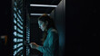 Female Technician Working at Data Center. Management Conducting System Servers Diagnostics and Maintenance in a High-Tech Environment. Digital Technology System Administrator. generative ai