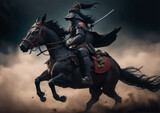 Fototapeta Londyn - A samurai is riding her horse towards the battlefield. Generative AI