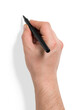 Top view of a male hand writing with a marker, pen in hand, isolated on a transparent background, PNG. High resolution.