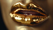 Lábios de ouro abstratos. Closeup de lábios dourados. Lábio de arte de metal dourado. Linda maquiagem. Brilho labial dourado na beleza