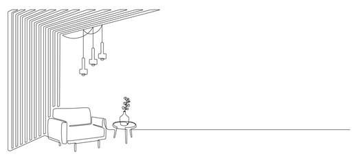 Aufkleber - Modern design interior with armchair and wooden slat walls in one continuous line drawing. Hygge scandinavian decor and soft furniture chair in simple linear style. Doodle outline vector illustration