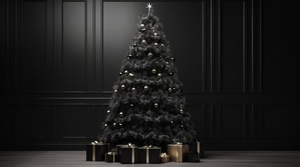 christmas tree in the room. decorated festive tree in a minimalistic black dark interior. generative