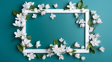 Cartão Em Branco No Quadro Feito De Flores De Jasmim Brancas Sobre Fundo Azul.  Convite De Casamento. Brincar. Postura Plana