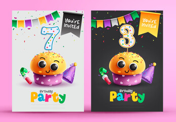 Wall Mural - birthday party vector poster set. happy birthday invitation card with cup cake and muffin celebratio