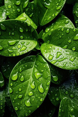 top view fresh green leaves with raindrops texture