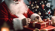 © wetzkaz - hands of santa claus wrap a gift, wrapping paper and gift wrap, christmas present, santa claus in red santa claus costume, closeup at home