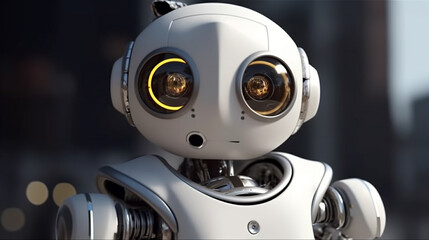 super cute small baby-style robot with artificial intelligence, white light color, human exterior, machine and automation