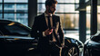 young adutl man in suit, 30s, using smartphone cellphone stands in front of a black sports car or sedan, luxury and luxurious, successful businessman or wealthy rich, in a city, fictional location