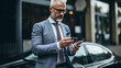 © wetzkaz - middle aged mature man ,40s, 50s, using smartphone cellphone stands in front of a black sports car or sedan, luxury and luxurious, successful businessman or wealthy rich, in a city, fictional location