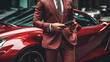 © wetzkaz - young adult man in light red shiny thick suit, 30s, using smartphone, stands in front of red sports car or electric car, luxurious and luxurious, successful businessman or wealthy rich man