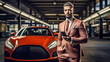 © wetzkaz - adult mature man ,30s, with smartphone mobile phone stands in front of a red sports car, luxury and luxurious, successful businessman or wealthy rich, in old warehouse or parking space garage
