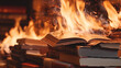 © wetzkaz - burning library or books, fire and flames, destroy and burn or fire by willful arson