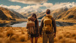 © wetzkaz - young adult woman and man with backpack hiking in summer nature in rural area with mountains and hills, meadow on dirt trail, trekking and camping in nature