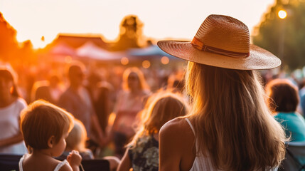 young adult woman with her child, son, at a village festival or city festival at sunset, sun hat and