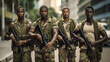 © wetzkaz - dark-skinned policemen or mercenaries or soldiers or park rangers in green uniform, fictional place