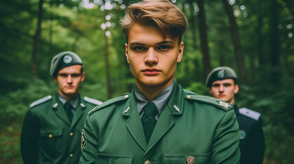 Wall Mural - mercenaries or soldiers or park rangers in green uniform, fictional place