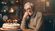 © wetzkaz - a sad or depressed or angry grandpa, old man on birthday, on a chair at a table with a birthday cake