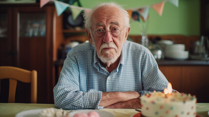 a sad or depressed or angry grandpa, old man on birthday, on a chair at a table with a birthday cake