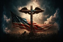 American Flag With Cross And Angel Wings With Clouds In Background