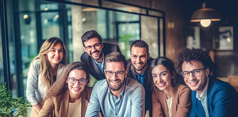 A team of professionals, both men and women in a modern office, showcasing their enthusiasm and camaraderie as they pose for a group photo while working on laptops. generative AI.