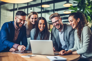 A team of professionals, both men and women in a modern office, showcasing their enthusiasm and camaraderie as they pose for a group photo while working on laptops. generative AI.