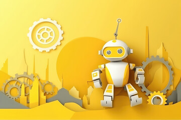 Fun Robot Banner and poster for Kid coding and robotic school, in Yellow toning, Generative AI