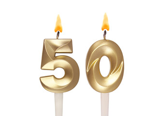 Gold birthday candles isolated on white, number 50