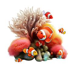 Wall Mural - clown fish with Beautiful colorful Tropical coral reef, Aquarium underwater world idea concept, isolated on white transparent background, ai generate