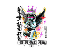 Brooklyn Street Vibes Slogan Print Design With Baby Angel Statue Illustration In Graffiti Street Art Style, For Streetwear And Urban Style T-shirts Design, Hoodies, Etc.