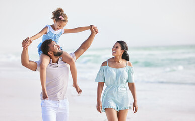 Holding hands, beach or parents walking with a happy kid for a holiday vacation together with happiness. Piggyback, mother and father playing or enjoying family time with a young boy or kid in summer