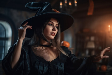 Beautiful young woman in Halloween witch costume. Photorealistic illustration generative AI.