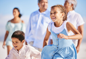 Canvas Print - Excited, beach or happy kids running or playing in summer with happiness, joy or wellness in nature. Children, lovely girl or young boy bonding with a happy girl or playful sister walking together