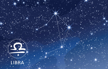 Wall Mural - libra constellation in the blue night sky, zodiac sign on blue background, astrology banner for horo