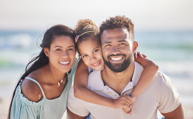 Wall Mural - Mother, beach or portrait of father with child on happy family holiday, vacation or weekend together. Piggyback, mom or dad smiling or bonding with child, daughter or kid at seaside with happiness