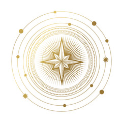 golden star with rays and orbits, mystical celestial symbol of astrology, zodiac, tarot. vector line