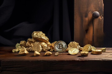 Bitcoin and gold nugget on a wooden table. Cryptocurrency mining concept. Generative AI