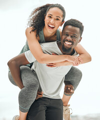 Wall Mural - Happy people in portrait, piggyback and hiking outdoor with smile, fun and fitness with interracial couple. Excited, workout together and trekking, black man and woman are playful with happiness