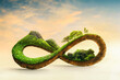 3d illustration of infinity environment concept. infinite earth land with green grass isolated. Eco and circular economy concept. Earth land with green grass isolated on sunset sky background.