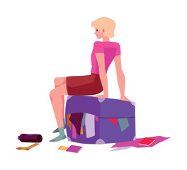 Vector isolated illustration of beautiful blonde woman is sitting on blue suitcase, trying to pack, things fall out