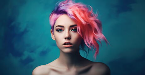  Portrait of a woman with pink hair on blue background with copy space 