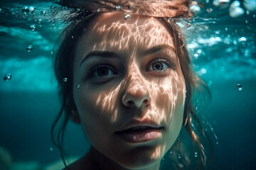 Wall Mural - Close-up portrait of a beautiful girl underwater. Underwater photography. Generative AI