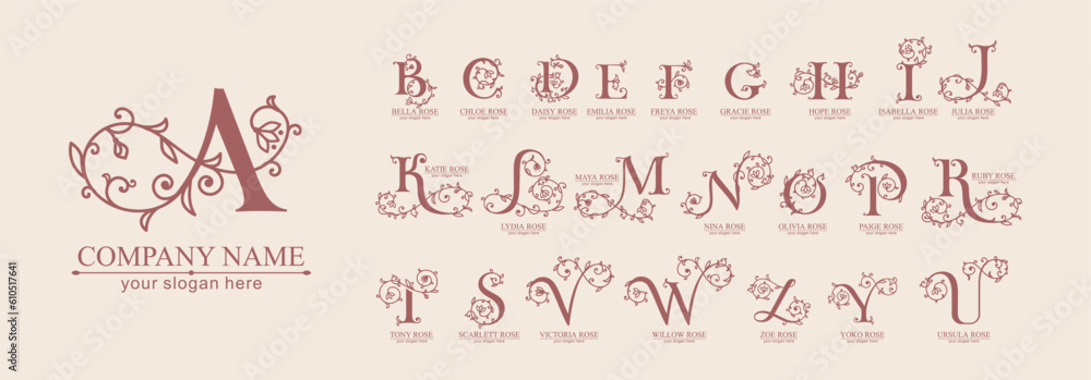 Floral alphabet logo set. Rose flowers in design. Delicate monograms ...