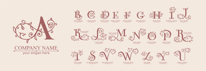 Floral alphabet logo set. Rose flowers in design. Delicate monograms for wedding, boutique, flower business, fashion