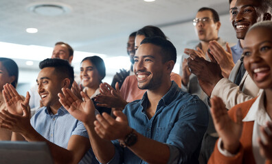 Applause, support and wow with a business team clapping as an audience at a conference or seminar. Meeting, motivation and award with a group of colleagues or employees cheering on an achievement