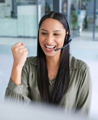 Aufkleber - Winning, call center and a woman with a computer for telemarketing, online succees and support. Happy, contact us and a person excited about achievement for customer care on a pc in an office
