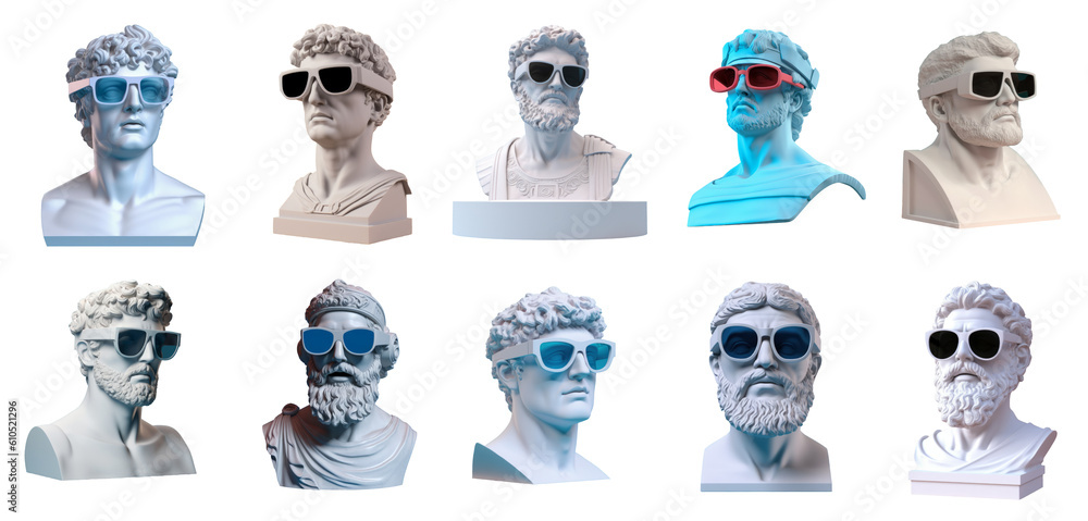 Collection of Greek sculptures with modern glasses on a transparent ...