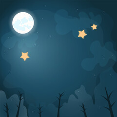 Wall Mural - Vector illustration of the night sky with yellow bright stars with the moon on a dark background